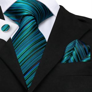 3PCS Teal Striped WSHOWY Mens Tie Set-With Pocket Sqaure Cufflinks Wedding Prom Festival Occassion Dinner Gift