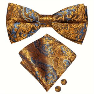 WSHOWY Mens Bow Tie Banquet Wedding Golden Paisley Yellow Jacquard 4 Set As A Whole Set Including Matched Pocket Square Cufflinks