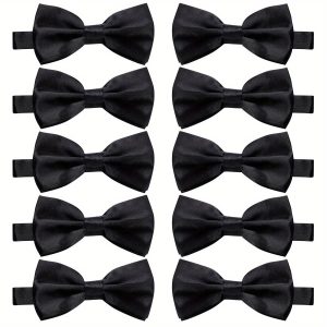 10 Pcs Elegant Black Pre-Tied Bow Ties, Formal Tuxedo Bowtie Set with Adjustable Neck Band, Polyester, Men's Fashion Accessory, Perfect Gift for Groom, Groomsman, Gentleman, Husband