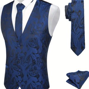 Men's Vest Tie Set 3PC Paisley Floral Jacquard Waistcoat and Necktie Pocket Square Vests for Suit Tuxedo Wedding