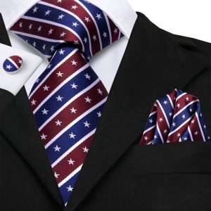 3PCS Classic WSHOWY Mens Tie Set-Blue White Red Striped Stars Pattern Necktie With Pocket Sqaure Cufflinks Wedding Prom Festival Occassion Dinner Gift