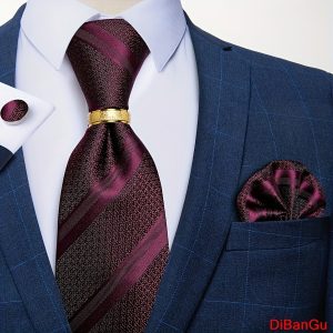 DiBanGu Fashion Men Striped Necktie & Hankerchief & Cufflinks & Wedding Tie Ring Set