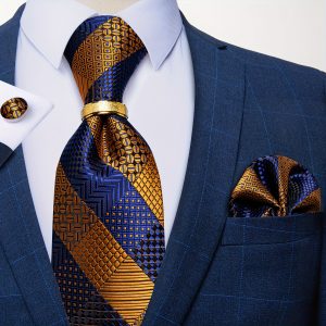 Mens Silk Golden Blue Tie Striped Checks Cufflinks Hanky Necktie Ring Set Wedding 4pcs