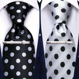 2 Sets WSHOWY Mens Tie Set - Each Set Including 4PC SHankerchief Cufflinks& Necktie & Clips -Formal Classic Black White Polka Dots Fit Office Prom Dinner Event Banquet Gift Bussiness