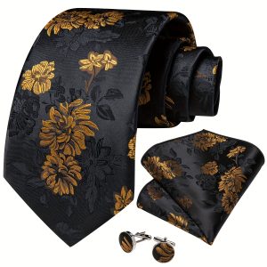 DiBanGu 3pcs/set Men's Silk Classic Floral Necktie With Hanky And Cufflinks For Business & Wedding, Father's Day Gift