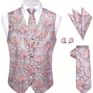 Big-Tall Unique Design Classic Business Pink Floral Printed Vest for Man Luxury Single Breasted Smart Waistcoat with Necktie Pocket Square Cufflinks Set