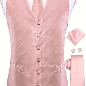 Men's Twill Pattern Waistcoat, Tuxedo Vest & Hankerchief & Cufflinks & Tie Set, Event Party Prom Formal Tops Suit