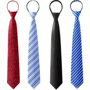 AUSKY 4pcs Men's Pre-Tied Neckties - Adjustable, Zip-Up Design in Sky Blue, Dark Red, Black Stripe | Perfect for Business & Casual Wear