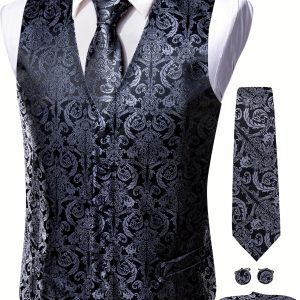 Men's Classic Pattern Waistcoat Set, Tuxedo Vest & Hankerchief & Cufflinks & Tie, Event Party Prom Formal Tops Suit