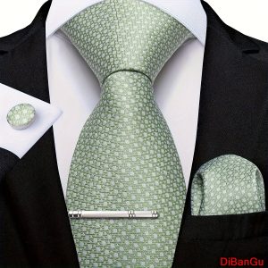 Green Checks For Men, Necktie Hanky Wedding Cufflinks Silvery Clip Set, Father's Day Gift