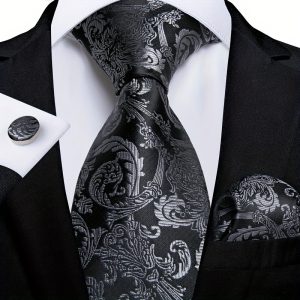 Black Paisley Necktie Set Fromal Suit Wedding Buisness Hanky Tie