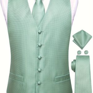 Mens Waistcoat Light Ocean Green Geometric Plaids Wedding Prom Spring Dress Vest Neck Tie Hankie Set Suit Tuxedo