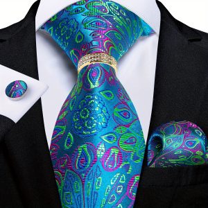 LINEZISEID 4PC Mens Ties Teal Blue Peacock Novelty 1200 Stitches Silk Tie And Handkerchief Square Ring Set Wedding Party Event Fashion