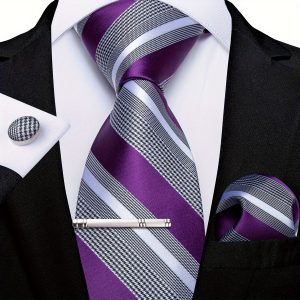 Men's Tie Silk Classic Wedding Necktie and Pocket Square Cufflinks Clip Set