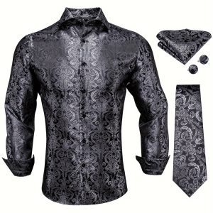 Dark Grey Paisley Mens Classic Shirt With Classic Necktie Hankie Cufflinks Set Button Up-Fit Formal Occassion Wedding Banquet Party Gift Dinner