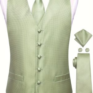 Mens Waistcoat Light Green Geometric Plaids Wedding Prom Spring Dress Vest Neck Tie Hankie Set Suit Tuxedo