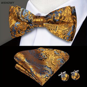 WSHOWY Men's Golden Pre-tied Bow Tie With Matching Hankerchief And Cufflinks - Perfect For Wedding, Prom, Office, Or As A Gift