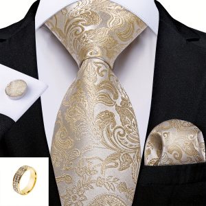 4pcs/set, Docapeiton Beige Floral Neckties & Cufflink & Hanky & Ring Set