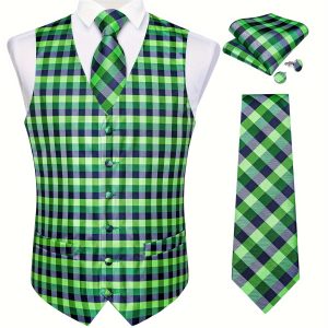 Mens Formal Wedding Waistcoat Green Checks Suit Vest Tuxedo Silk Necktie Set Suit