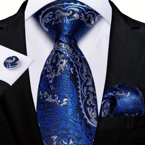 3pcs/Set Men's Tie Silk Classic Blue Silver Floral Wedding Necktie Pocket Square Cufflinks Set