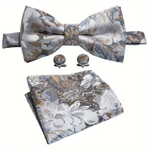 Barry.Wang 4pcs/set Bowtie Hankerchief And Cufflinks Set, Classic Men's Silvery Gray Floral Bow Tie